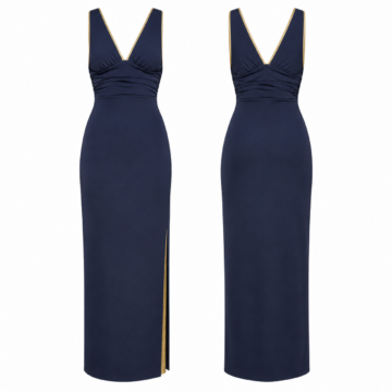 Navy and Gold Sleeveless V-Neck Maxi Dress with Ruched Waist