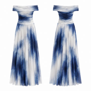 White and Navy Off-the-Shoulder Pleated Maxi Dress