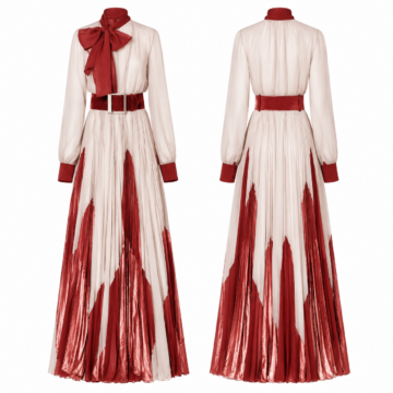 White and Red Pussy-Bow Pleated Maxi Dress