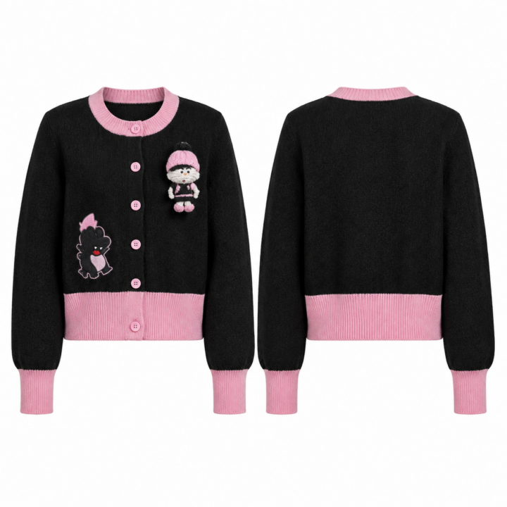 Black and Pink Applique Knit Cardigan with Button Front