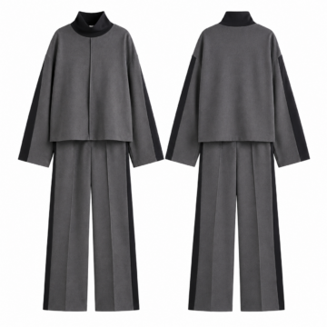 Gray and Black Funnel Neck Boxy Top and Straight Leg Trousers Set