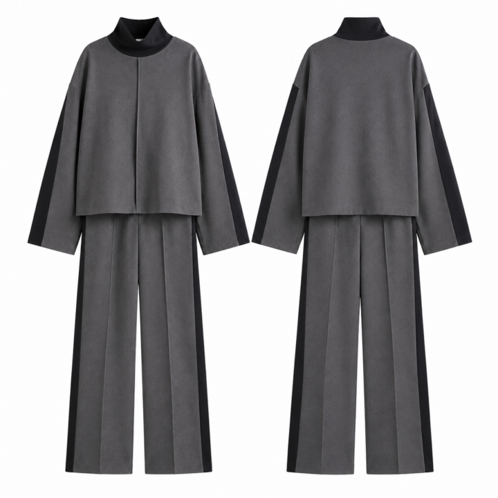 Gray and Black Funnel Neck Boxy Top and Straight Leg Trousers Set