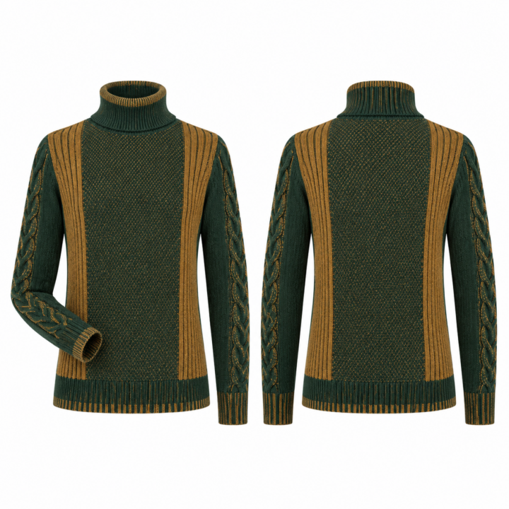 Gold and Forest Green Cable Knit Turtleneck Sweater