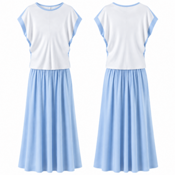 White and Sky Blue Two-Piece Set with Dolman Sleeve Top and Maxi Skirt
