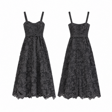 Black and Gray Lace A-Line Midi Dress with Belt